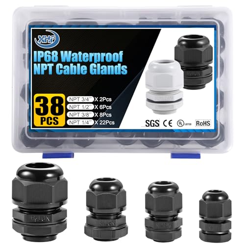 XHF IP68 Nylon Waterproof NPT Cable Glands Assortment 38pcs 1/4", 3/8'', 1/2'', 3/4'' UL Listed and RoHS Cord Grip Compliant Cable Strain Relief Black - color: Black, size: KIT(38PCS)