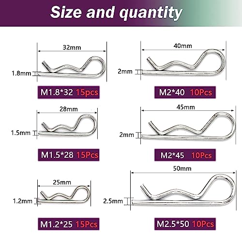 75 Pcs 6 Sizes Cotter Pins R Clips Heavy Duty Zinc Plated Retainer Pins Hitch Pin Hair Pin Assortment Spring Clip Kit for Hitch Pin Lock System, Garage,Trucks, Small Engine Repair - size: White zinc-plated 75 pcs in 6 size