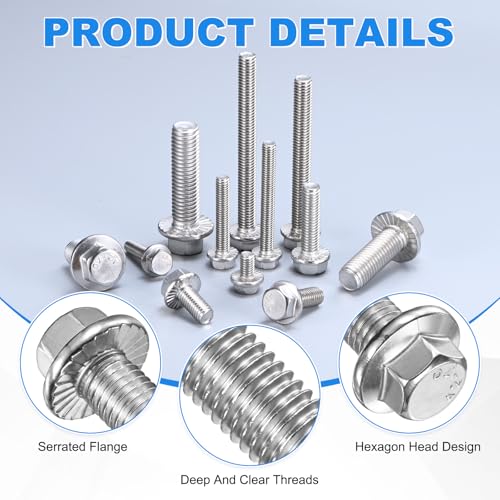 M METERXITY 10 Pack Flanged Hex Head Bolts, M12 x 35mm 304 Stainless Steel External Hex Drive Screws, Metric Fully Threaded Screw for Furniture Car DIY Project [Silver Tone] - size: M12 x 35mm