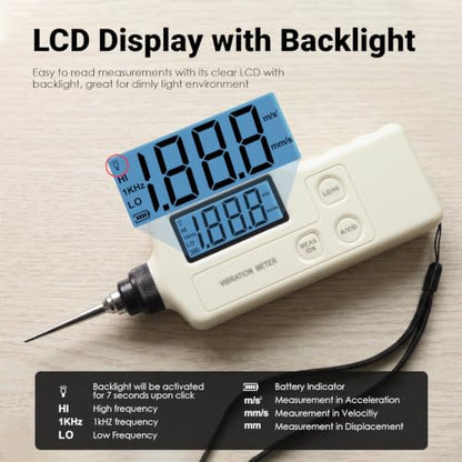 Handheld Digital Vibration Meter Tester, High-Precision Piezoelectric Vibrometer Analyzer for Acceleration, Velocity & Displacement Measurement, Dual Frequency Mode (10Hz–15kHz)