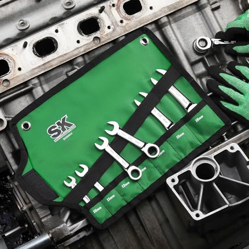 SK Stubby Ratcheting Wrench Set, Combination Wrench Set, 7-Piece, Metric, 72-Tooth, CR-V Steel, with Rolling Pouch - size: Metric