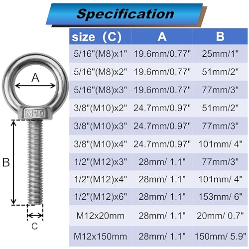 2 Sets M10 Eye Bolts with Nuts, Stainless Steel 3/8" x 4" EyeBolts - size: 3/8"x4"