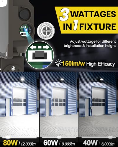 YARBO 9-in-1 LED Flood Light, 80W/60W/40W & 5000K/4000K/3000K Selectable, Timer Dimming & Dusk-to-Dawn Photocell, 12000LM IP65 Waterproof ETL Listed 100-277V, Trunnion Mount for Patio Garage Backyard - size: 80W/60W/40W Selectable || Trunnion Mount