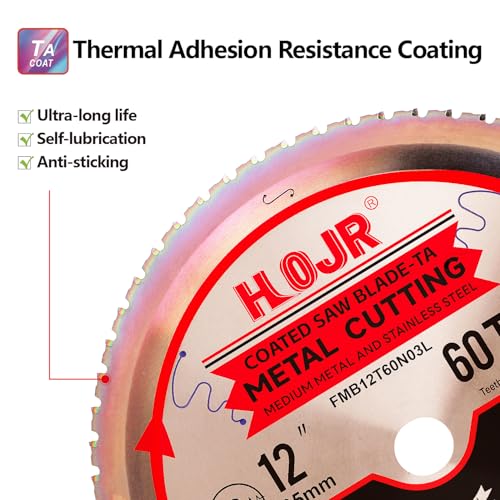 Metal Cutting Circular Saw Blade, Steel and Stainless Steel Cutting, The Cutting Head uses a Special Anti-Heat Sticking Coating with high Finish and Long Life, FMB 12 Inch 60-Tooth 1" TA - size: 12" 60T