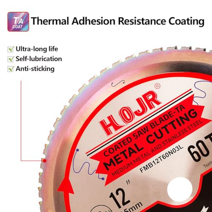Metal Cutting Circular Saw Blade, Steel and Stainless Steel Cutting, The Cutting Head uses a Special Anti-Heat Sticking Coating with high Finish and Long Life, FMB 12 Inch 60-Tooth 1" TA - size: 12" 60T