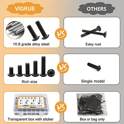 VIGRUE 288PCS M6 M8 Button Head Hex Socket Cap Screws Bolts Nuts Washer Assortment Kit, 10.9 Grade Alloy Steel Black Oxide, Fully Threaded - size: 288PCS M6 M8