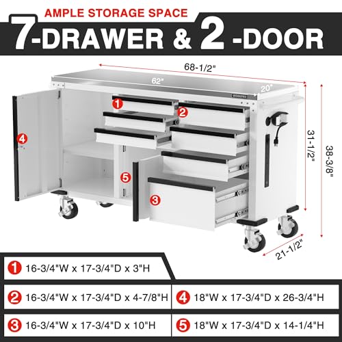WORKPRO 62" x 20" 7-Drawer & 2-Door Rolling Tool Chest with Stainless Countertop, Locking System, Heavy Duty Tool Storage Cabinet for Garage, Warehouse & Kitchen, 1000 lbs Capacity
