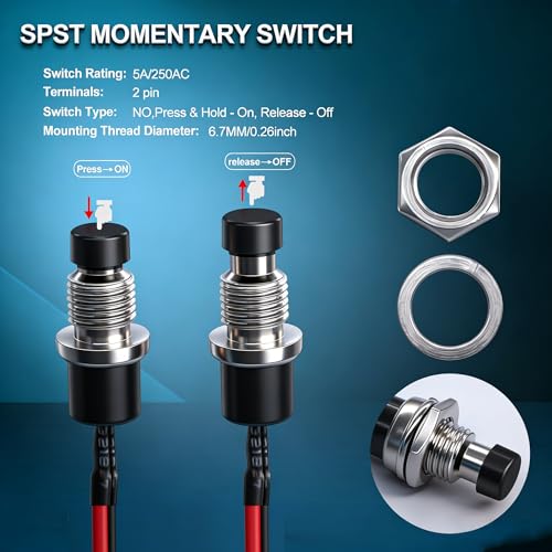 Twidec/10PCS 3V-6V-12V-24V-250V Momentary Push Button Switch 2 Pins ON/Off SPST 7mm Black and Red Normal Open 1A Mini Round Button Switch with Pre-soldered Wires PBS-110-XBKR - color: Black＆Red-7mm, size: Momentary