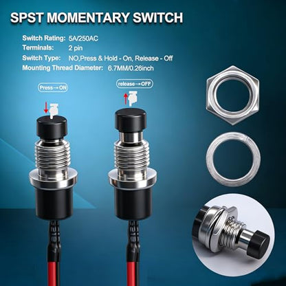 Twidec/10PCS 3V-6V-12V-24V-250V Momentary Push Button Switch 2 Pins ON/Off SPST 7mm Black and Red Normal Open 1A Mini Round Button Switch with Pre-soldered Wires PBS-110-XBKR - color: Black＆Red-7mm, size: Momentary