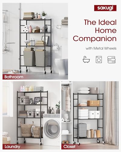 Sakugi 4-Tier Storage Shelves 33.1" x12.6" x58.9" Black with Wheels - color: Black, size: 33.1W x 12.6D x 58.9H(4T)