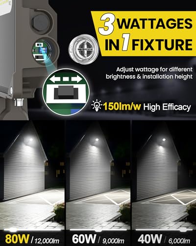 YARBO 9-in-1 LED Flood Light, 80W/60W/40W & 5000K/4000K/3000K Selectable, Timer Dimming & Dusk-to-Dawn Photocell, 12000LM IP65 Waterproof ETL Listed AC100-277V, Knuckle Mount for Patio Garage Backyard - size: 80W/60W/40W Selectable || Knuckle Mount