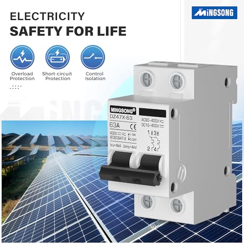 DC Solar Panels Disconnect Switch 63 Amp Solar Shut Off Switch 12V-400V 2 Poles Small Miniature Circuit Breaker for PV Homes, AC 110V DIN Rail MCB - style: 63A