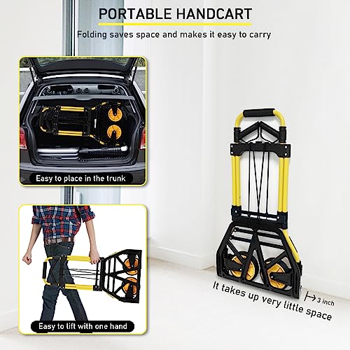 Folding Hand Truck and Dolly, 440lbs Capacity Portable Luggage Dolly Cart with Rubber Wheels and Retractable Handle, Aluminum Foldable Hand Cart for Transportation/Luggage/Mobile/Travel/Office Use - color: Yellow