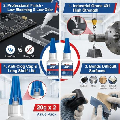 401 Super Glue Dries Instantly Instant Adhesive Bond Clear All-Purpose Universal for Plastic Wood Metal Rubber Leather 20g 4 Pack - size: 401, style: 4 Pack
