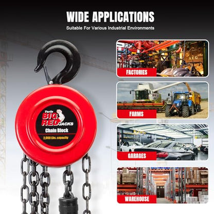 Big RED TR9010-7 Hand Chain Hoist: 2 Heavy Duty Hooks, Manual Chain Fall for Warehouse Building and Automotive Machinery, 1 Ton (2000 Lbs) Capacity,8ft/2.5m