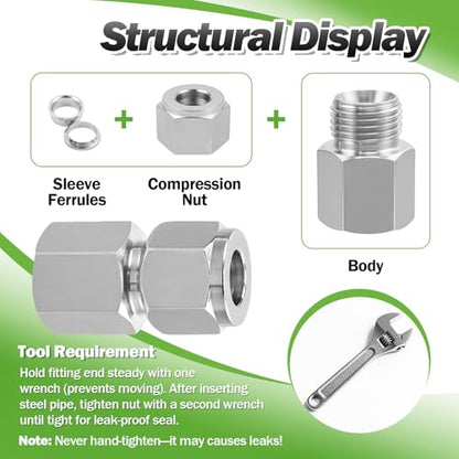 Stainless Steel Compression Adapter 1/2" OD x 1/2" NPT Female 2pc - size: 1/2" OD x 1/2"Fnpt