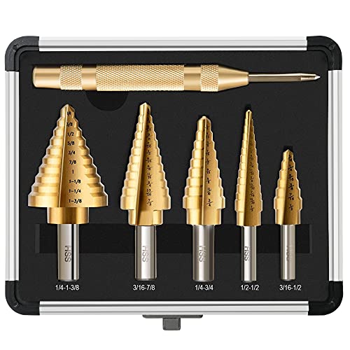 GMTOOLS 6 Pcs Step Drill Bit Set, High Speed Steel Unibit Drill Bits, Stepped Up Bits & Automatic Center Punch for Sheet Metal, DIY Lovers with Aluminum Caes, Total 50 Sizes for Multiple Hole - style: 6PCS