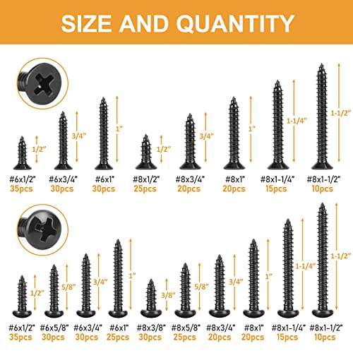 VIGRUE 425PCS #6#8 Black Wood Screw Set, Black Oxide 304 Stainless Steel Phillips Pan and Flat Head Self Tapping Screws Assortment Kit, Length 1/2" to 1-1/2" - size: 425PCS #6#8 Black Wood Screws