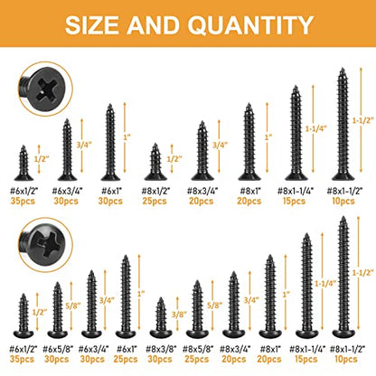 VIGRUE 425PCS #6#8 Black Wood Screw Set, Black Oxide 304 Stainless Steel Phillips Pan and Flat Head Self Tapping Screws Assortment Kit, Length 1/2" to 1-1/2" - size: 425PCS #6#8 Black Wood Screws