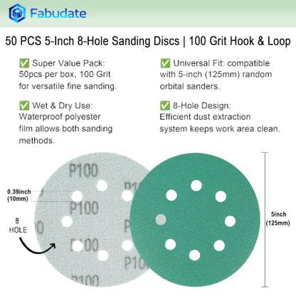 5 Inch 8 Hole 100 Grit Hook&Loop Wet/Dry Heavy-Duty Sanding Discs 50PK - size: 100 Grit