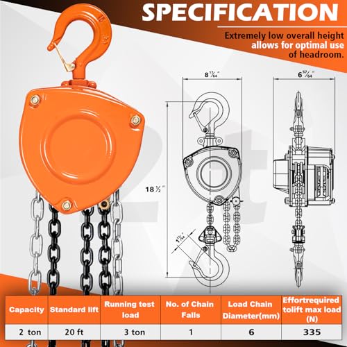 YATOINTO Chain Hoist 2 Ton(4400Lbs) Capacity 20FT Manual Hand Lift Steel Chain Block Hoist with 2 Heavy Duty Hooks Industrial Grade Steel Structures for Garages Automotive Machinery - size: 2 Ton - 20Ft