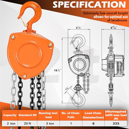 YATOINTO Chain Hoist 2 Ton(4400Lbs) Capacity 20FT Manual Hand Lift Steel Chain Block Hoist with 2 Heavy Duty Hooks Industrial Grade Steel Structures for Garages Automotive Machinery - size: 2 Ton - 20Ft