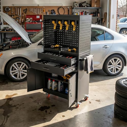 Mobile Tool Cart, Tool Chest with Locking Wheels, Charging Station - color: Original Black