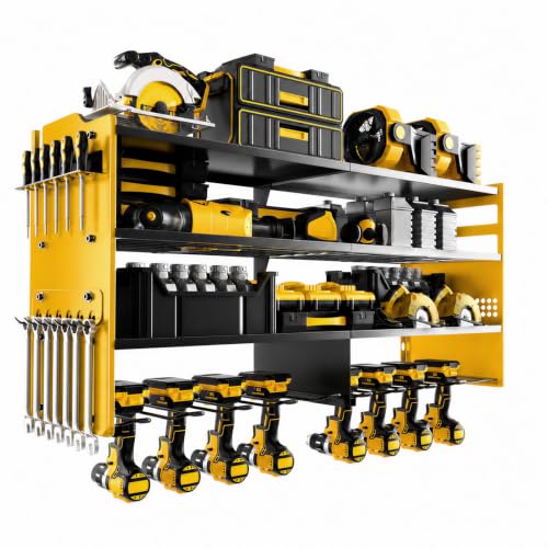 oviitech Power Tool Organizer Wall Mount, 8 Drill Holder Wall Mount Loads 400lbs, 4 Layer Heavy Duty Metal Power Tool Storage, Yellow, Utility Rack for Garage Workshop, Gifts for Men - color: Yellow