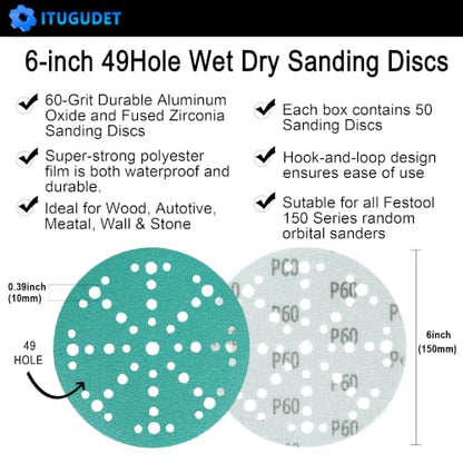 6 Inch 49 Hole Wet Dry P60 Grit Sanding Discs - 50 Pack Box - color: 60 Grit, size: 6 Inch 49 Hole