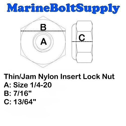 Stainless Steel Thin Jam Nylon Insert Lock Nuts 1/4-20 (pack of 50) Marine Bolt Supply - size: 1/4-20