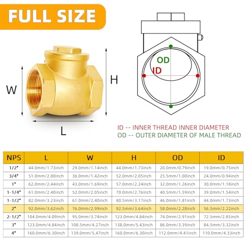 2" NPT Horizontal Swing Check Valve, Brass, Heavy-Duty Female Thread, DN50 - size: 2 Inch