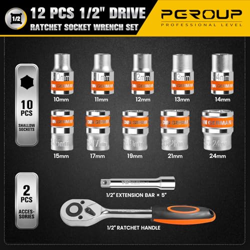 12 PCS 1/2" Drive Metric Socket Wrench Set,1/2 Reversible Ratchet Handle，6 Point Shallow Sockets (10-24mm) and Extension Bar 5", CR-V Steel, Car Repair Set - size: Pro 12p 12.7 Mm Drive (10 - 24 Mm)