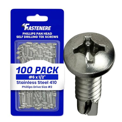 Fastenere Pan Head Self Drilling Tek Screws -#6 x 1/2" (100 Pack) Stainless Steel 410, Full Thread, Bright Plain Finish, Corrosion-Resistant, Self-Drilling, Easy to Install w/Phillips Drive Size #2 - size: #6 x 1/2" (100 Pack)