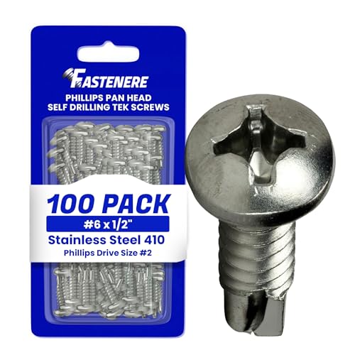 Fastenere Pan Head Self Drilling Tek Screws -#6 x 1/2" (100 Pack) Stainless Steel 410, Full Thread, Bright Plain Finish, Corrosion-Resistant, Self-Drilling, Easy to Install w/Phillips Drive Size #2 - size: #6 x 1/2" (100 Pack)