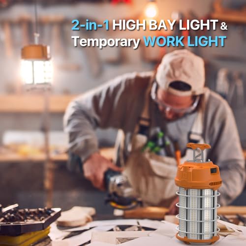 HYPERLITE LED Temporary Work Light 150W 18750LM 500W HID/HPS 5000K, Portable Hanging Construction Light with Stainless Steel Safety Guard and Sturdy Hook for Job Site, Workshop(with an ON/Off Switch)