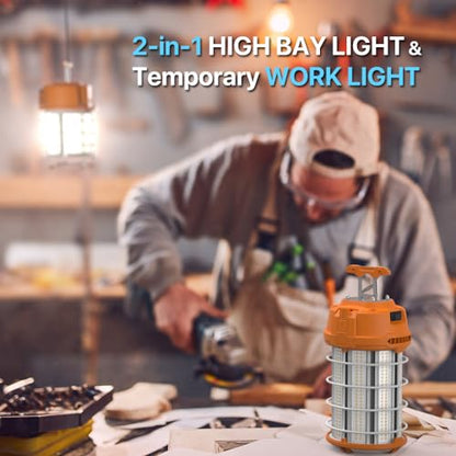HYPERLITE LED Temporary Work Light 150W 18750LM 500W HID/HPS 5000K, Portable Hanging Construction Light with Stainless Steel Safety Guard and Sturdy Hook for Job Site, Workshop(with an ON/Off Switch)