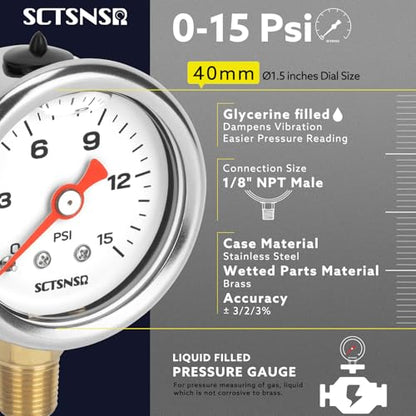0-15 Psi Fuel Pressure Gauge, 1/8" NPT Lower Mount - size: 0-15 Psi, style: Lower Mount