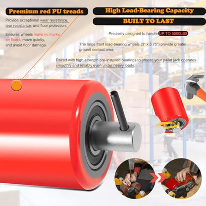 Pallet Jack/Truck Full Wheel Replacement Kit, Pair Steering Wheels (7"x 2"), Pair Front Load Roller(3" x 3.75"), with Pre-Installed Bearings, Axles, 20mm ID Poly Tread, Entry Rollers, Install Tool Kit