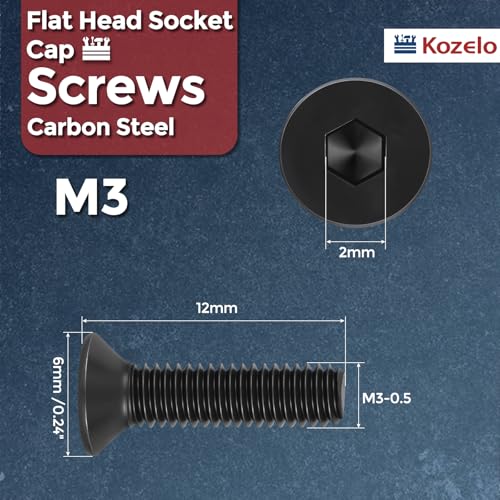 50Pcs[M3-0.5x12] Flat Head Socket Cap Screw Countersunk Bolt - size: M3-0.5x12mm