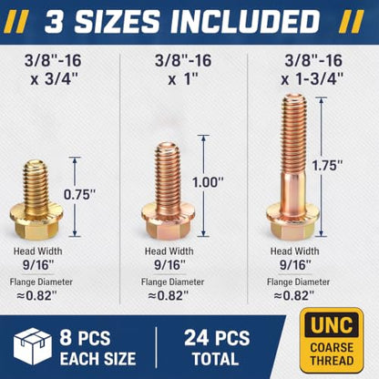 Hicarer 24 Pcs Grade 8 Hex Flange Bolts 3/8-16 Coarse Thread Assortment Kit