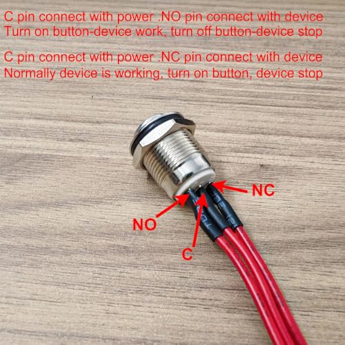 Gebildet 2Pcs Prewired 12mm Waterproof Latching Metal Push Button 3pin NO/NC Push Button On Off 1A 12V/24V/125V/250V AC (High Head) - size: 12mm-Prewired NO/NC
