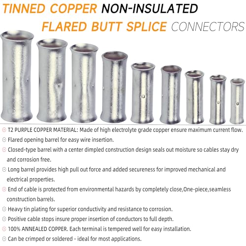 SVAAR 24-18 Gauge Flared Barrel Butt Splice Connectors Kit 100PCS 24-18 AWG Non-Insulated Butt Connectors Tinned Copper Flared Compression Butt Splices Crimp Butt Terminals+100PCS 3:1 Heat Shrinks - color: Tinned Copper