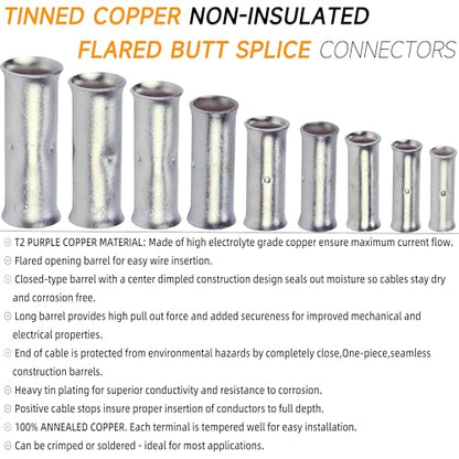 SVAAR 24-18 Gauge Flared Barrel Butt Splice Connectors Kit 100PCS 24-18 AWG Non-Insulated Butt Connectors Tinned Copper Flared Compression Butt Splices Crimp Butt Terminals+100PCS 3:1 Heat Shrinks - color: Tinned Copper