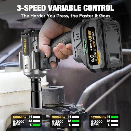 SOARFLY Cordless Impact Wrench 1/2", 900 Ft-Lbs(1200N.m), 2x4.0Ah Batteries - color: Gray