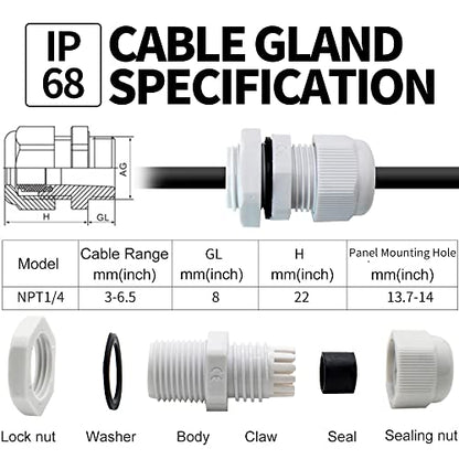1/4 in. NPT Cable Glands, IP68, Nylon PA66, Gray, 50 Pack - color: Gray, size: 1/4"-50pcs