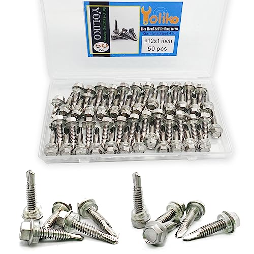 #12x1 Hex Washer Head Self Drilling Screws, 410 Stainless Steel, Self Tapping Sheet Metal Tek Screws, 50 PCS - size: 50 Pcs #12x1