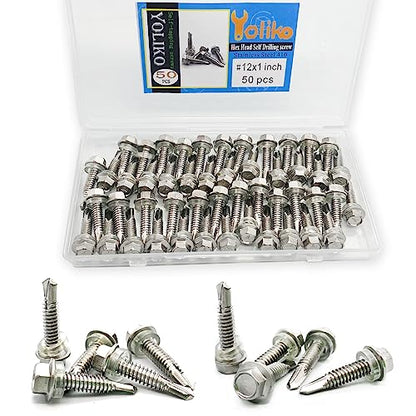 #12x1 Hex Washer Head Self Drilling Screws, 410 Stainless Steel, Self Tapping Sheet Metal Tek Screws, 50 PCS - size: 50 Pcs #12x1