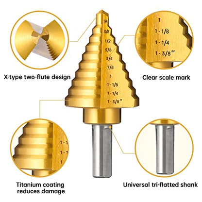 1/4" to 1-3/8" Titanium HSS Step Drill Bit for Metal Unibit - size: 1/4" to 1-3/8"