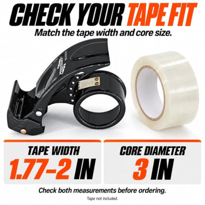 Metal Packing Tape Dispenser Gun, Metal Tape Gun Fits Packaging Tape with Dispenser up to 2 Inches, Adjustable Brake Tape Gun Handheld Sealing Cutter for Warehouse Tools Black