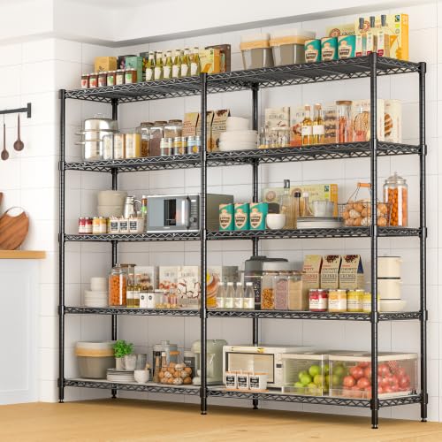 70" W Storage Shelves 1430 LBS Heavy Duty Wire Shelving, 5 Tier Adjustable Metal Garage Shelving, Pantry Kitchen Storage Rack with Liners, DIY L-Shaped Corner Shelf, 70" W x 16" D x 72" H - color: Black, size: 70" W x 16" D x 72" H-5 Tier